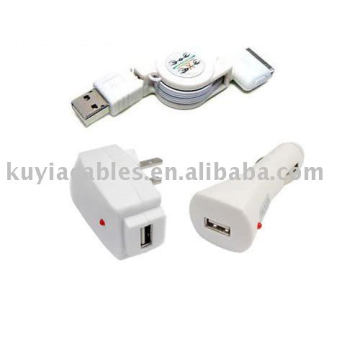 Cargador de la pared del hogar + cargador del coche Adaptador de la CA + cable del USB para el iP 4S 4 4G 3GS 3G iPod Touch